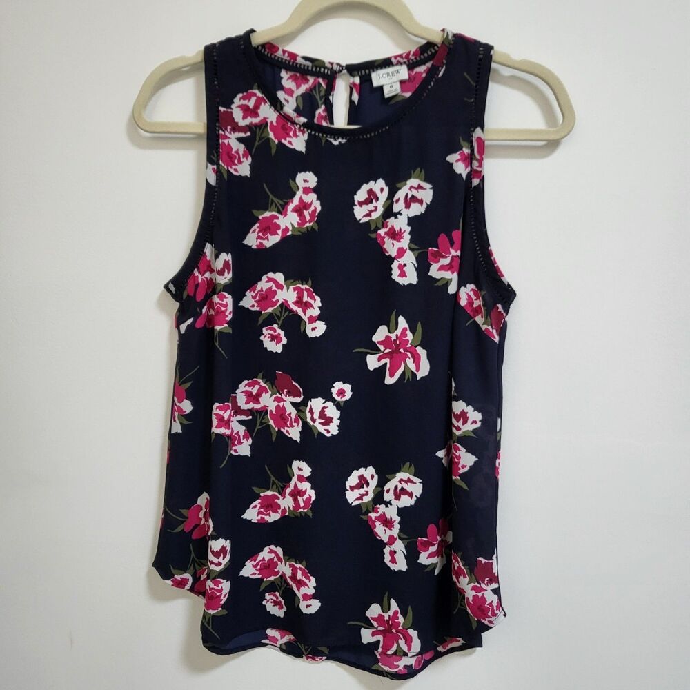 J CREW Top Womens 8 Navy Blue Pink Floral Sleeveless Blouse Shell Tank Resort